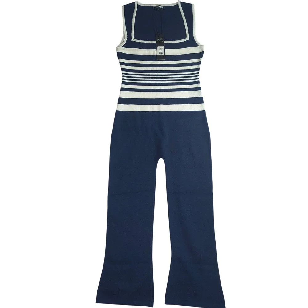 Fashion Nova Below Deck Capri Jumpsuit Navy Combo Striped Knit Size Small NWT